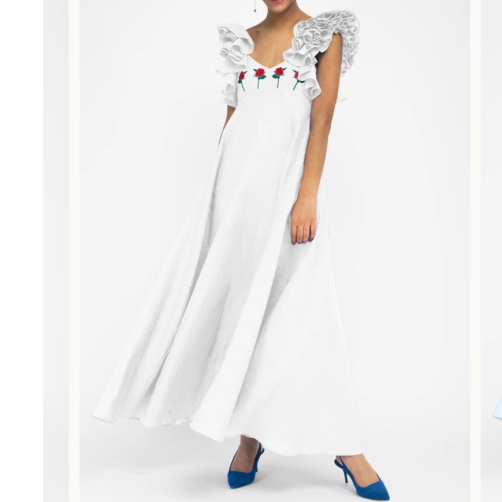 FANM MON White Demre Maxi Dress embroidered roses Size Small